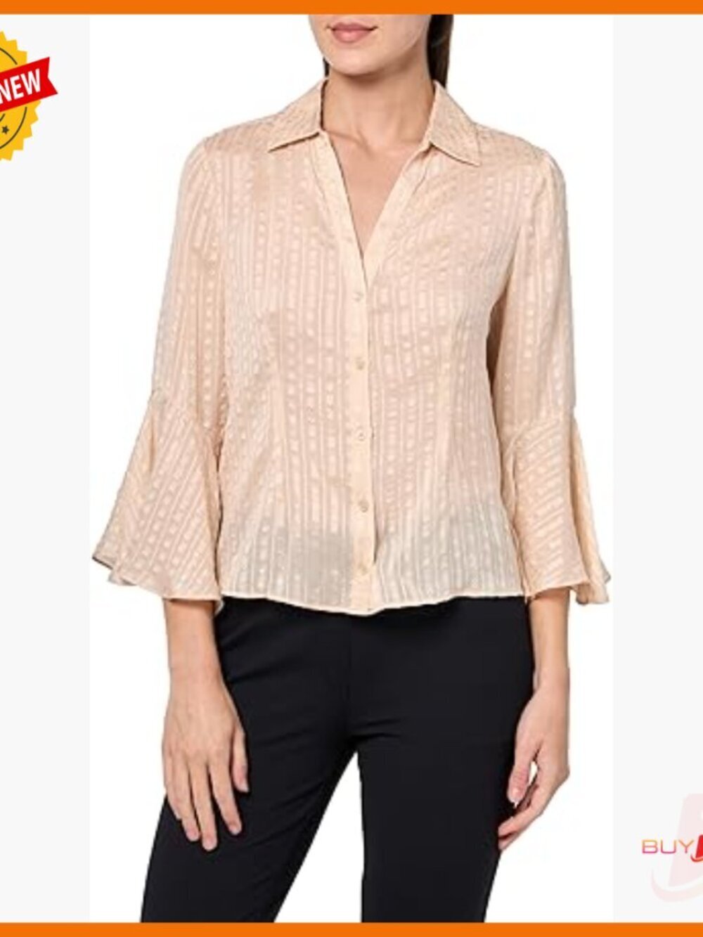 Silk Button-Down Shirt V-Neck Flared Sleeves Regular Fit Blouse